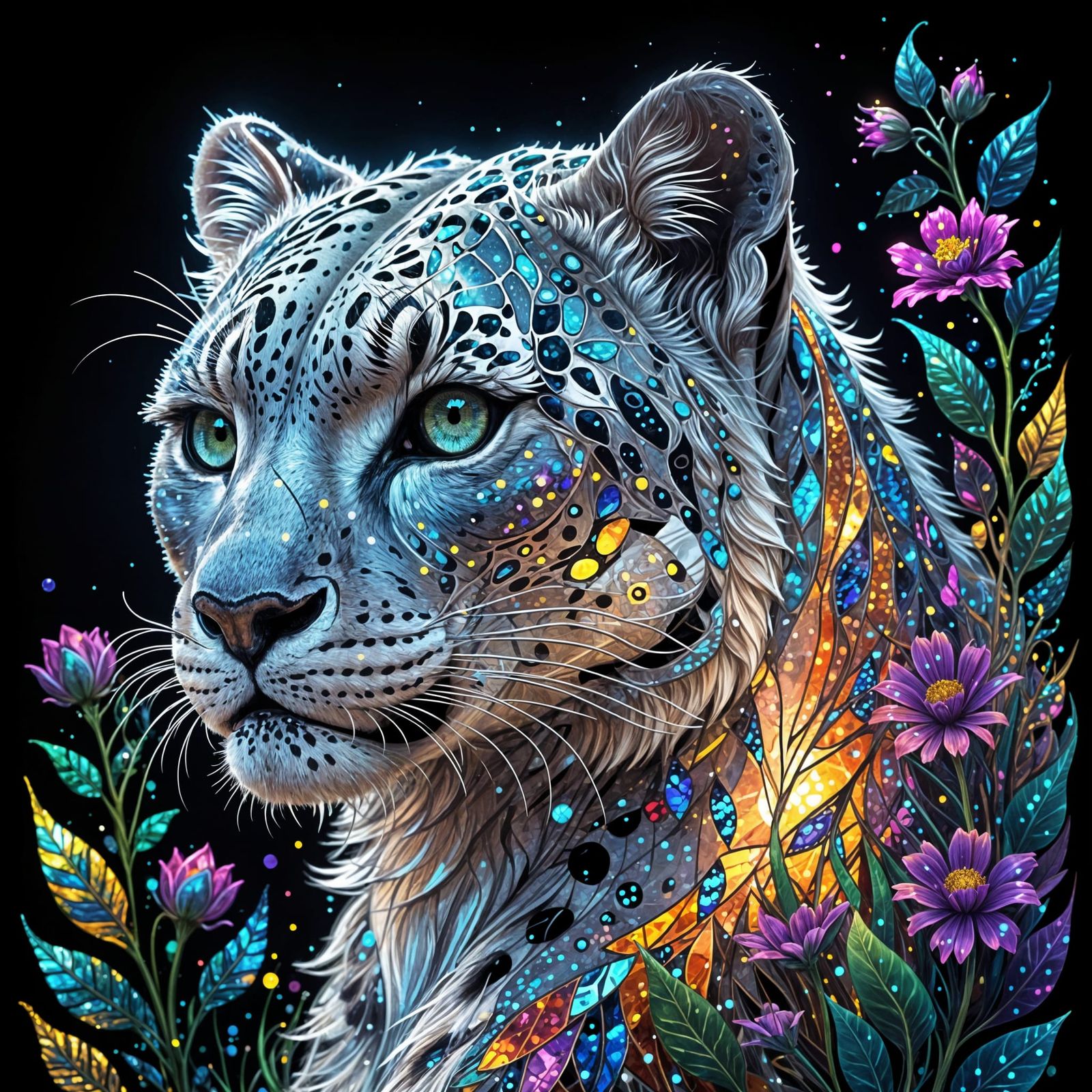 Anthropomorphic Snow Leopard Girl in Stained Glass Style