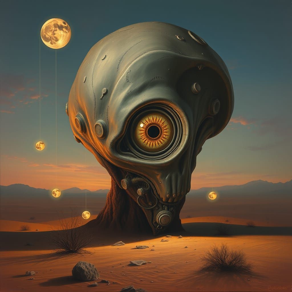 Surreal Desert Sculpture: Alien Head in Hyper-Realistic Oil