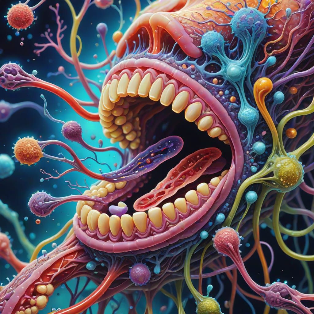 Vibrant Microscopic Bacteria in Surreal Mouthscape