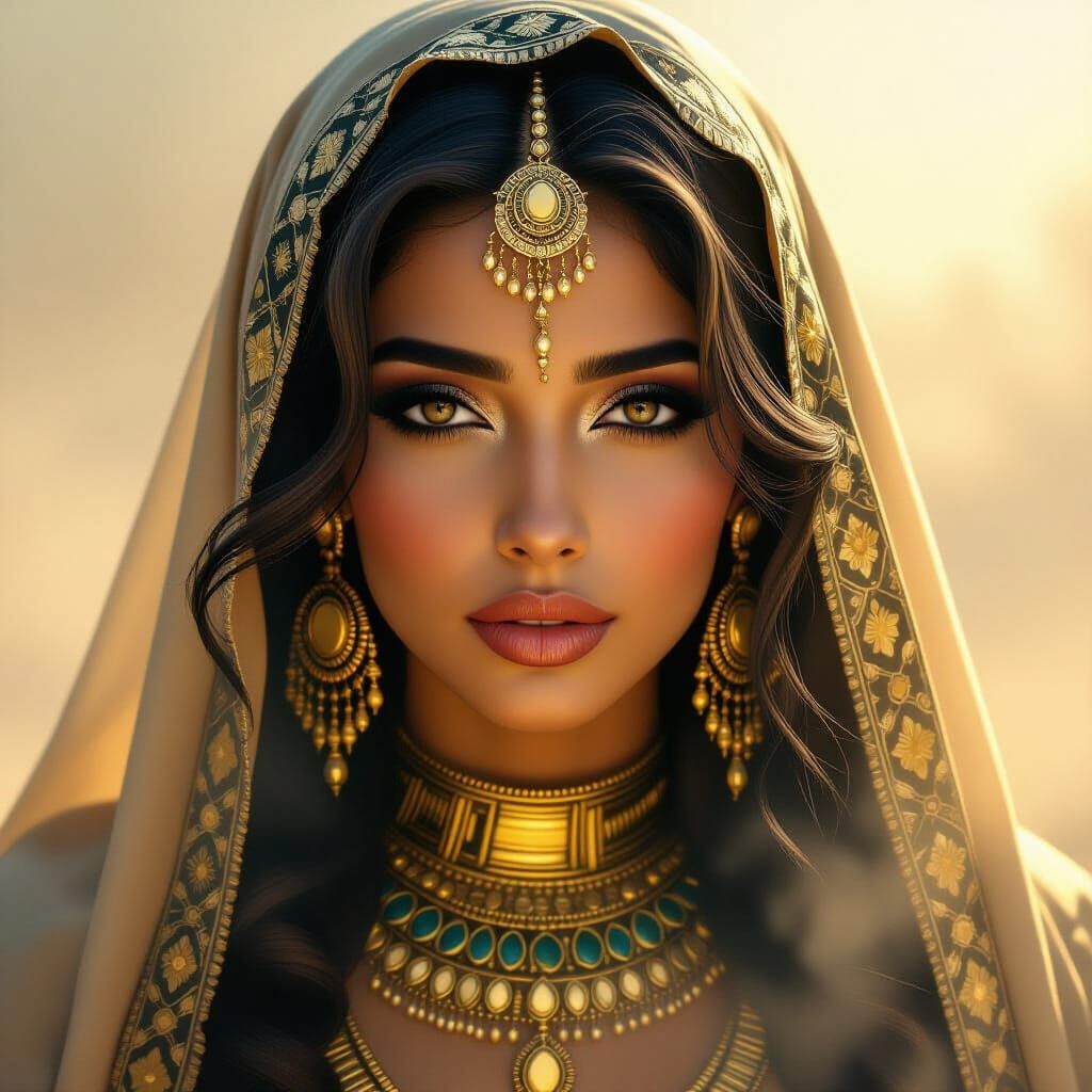 Golden Egyptian Woman's Face in Ethereal Fog