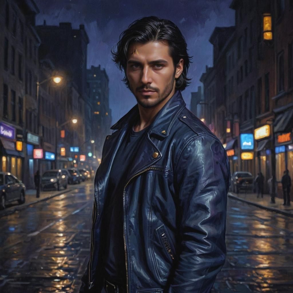 Handsome Man in Leather Jacket at Midnight
