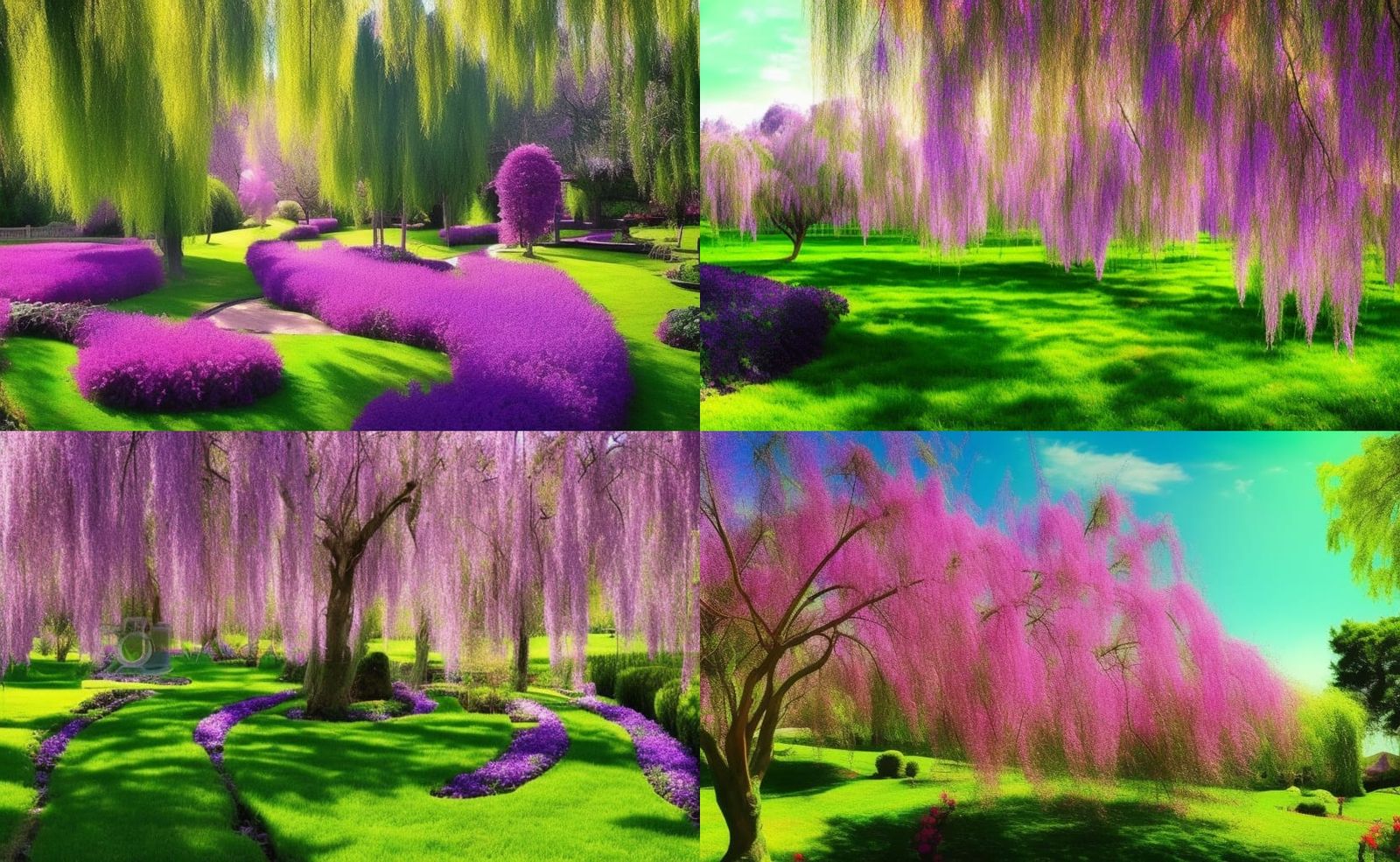 Ethereal Garden with Willow Trees and Flowers