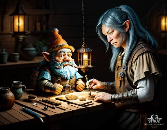 Gnome Repairs Automaton: Dark Fantasy Illustration
