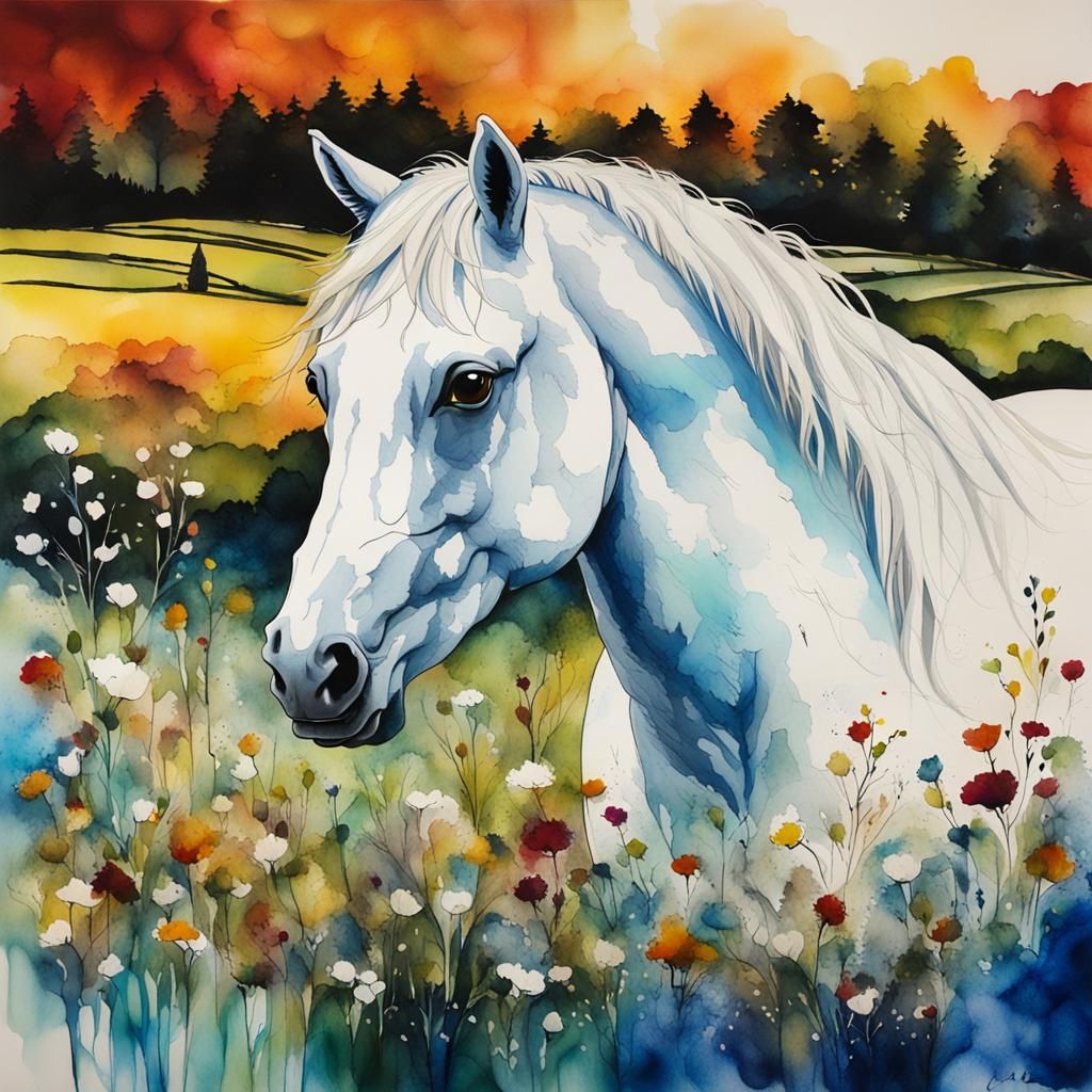 White Horse in Field, Alcohol Ink Art