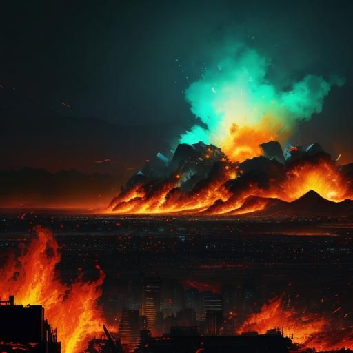 Burning City at Night in Pixel Art Style