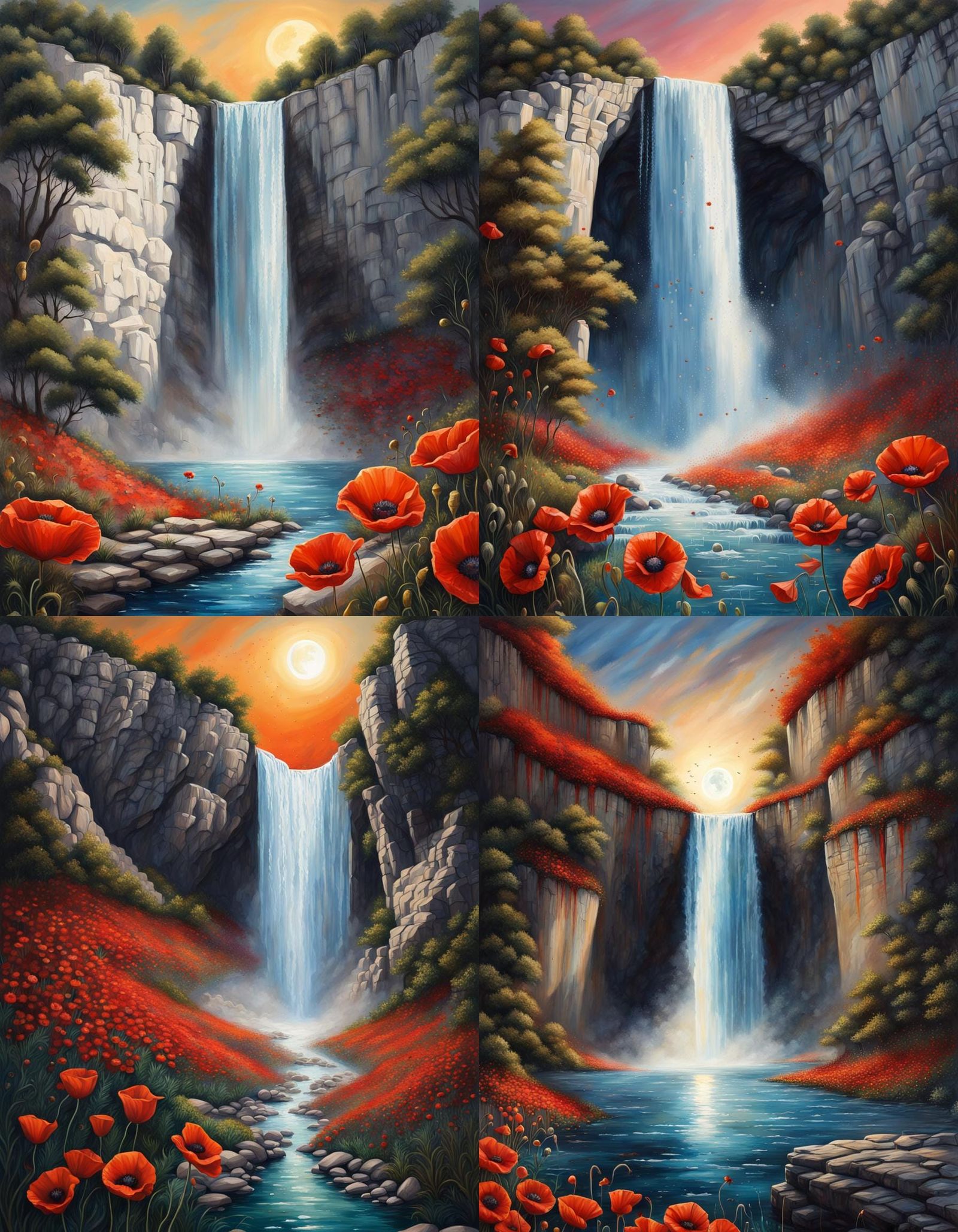 Epic Waterfall with Poppies in Hyperrealistic Style