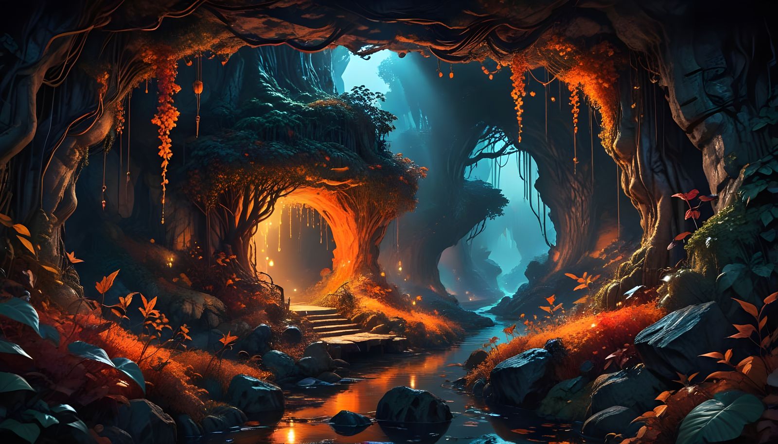 Magical Orange Cave in Graphic Novel Style