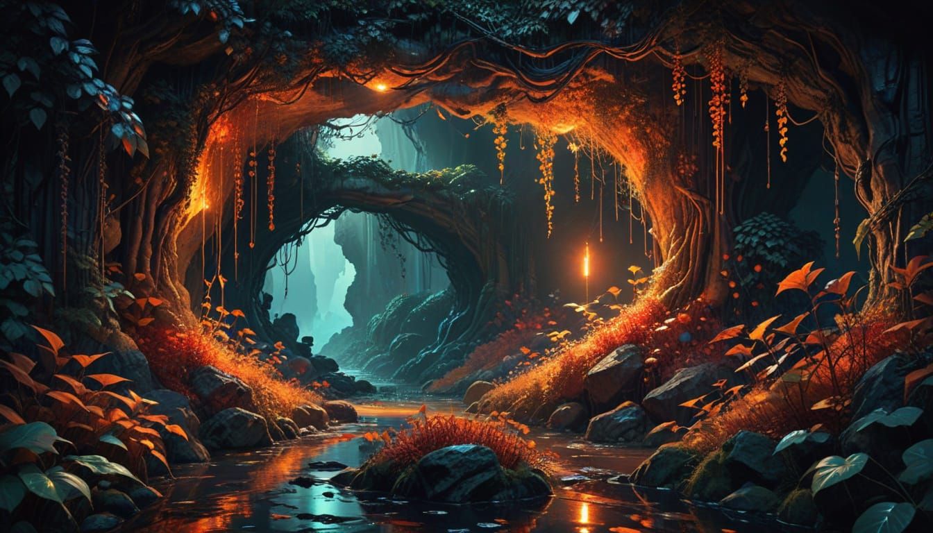 Magical Autumn Cave in Watercolor Style