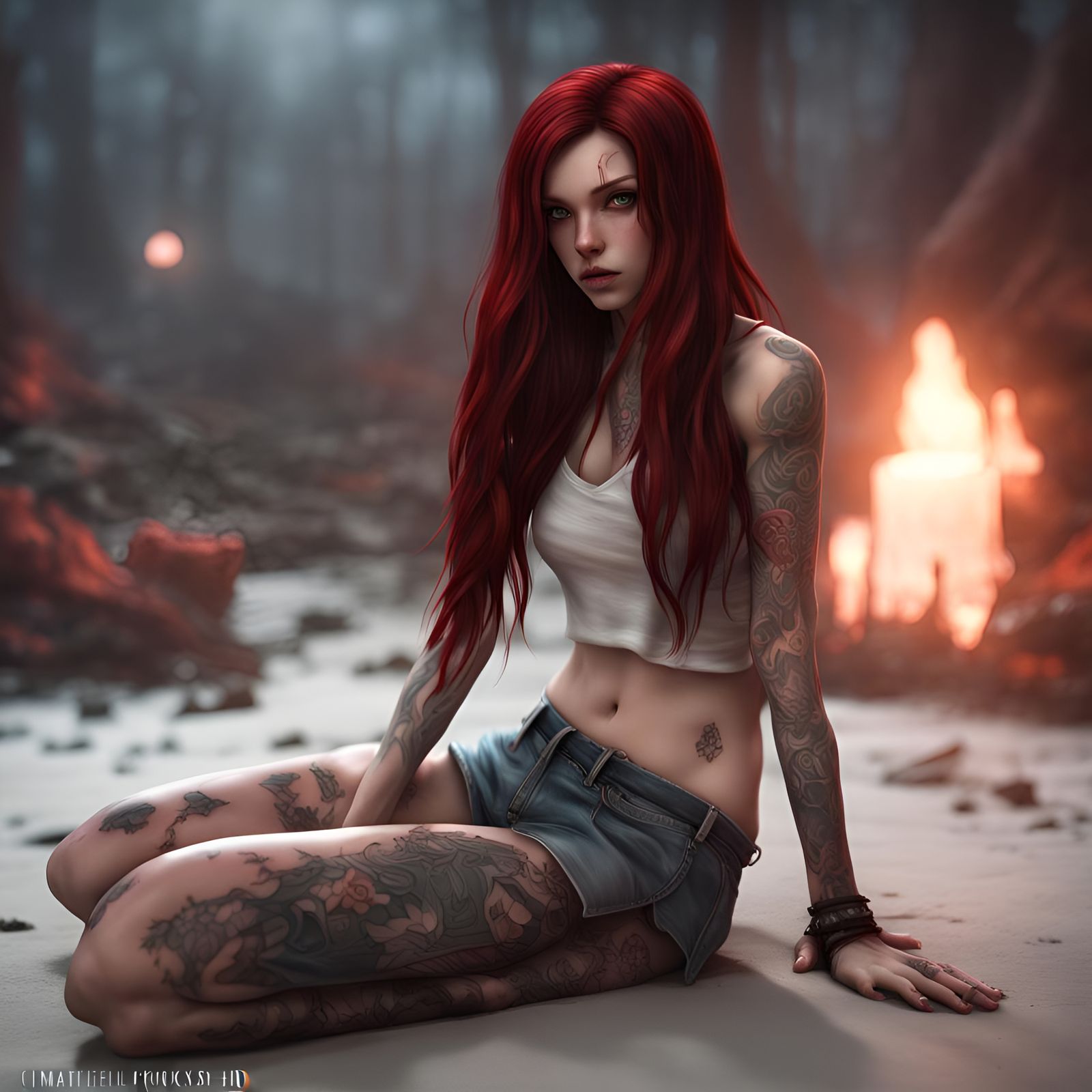 Tattooed Girl in Atmospheric Hellscape, Anime Style