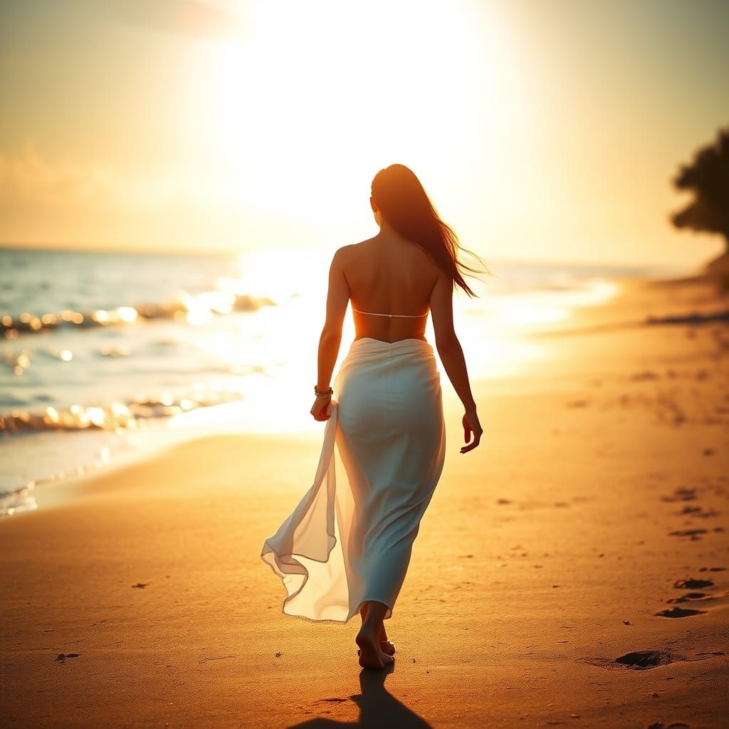 Woman in Sarong on Sun-Drenched Beach at Golden Hour