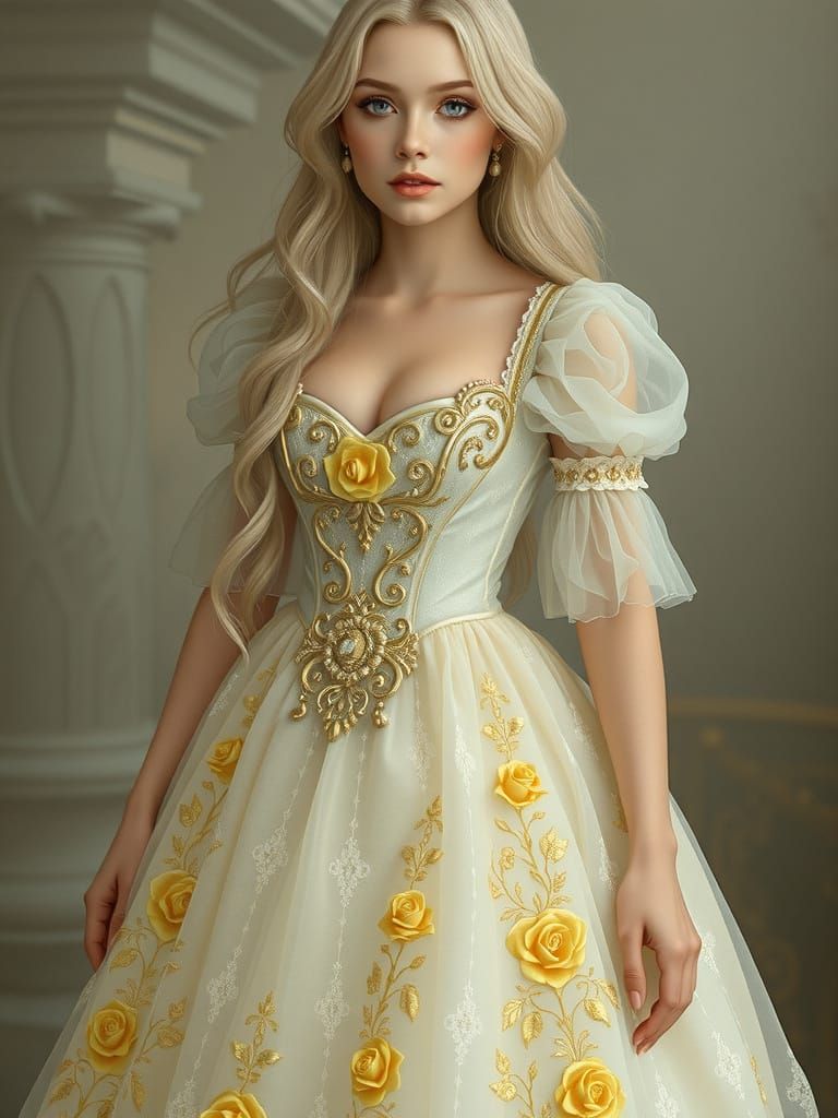 Regal Princess in Pearl-White Gown with Golden Embroidery