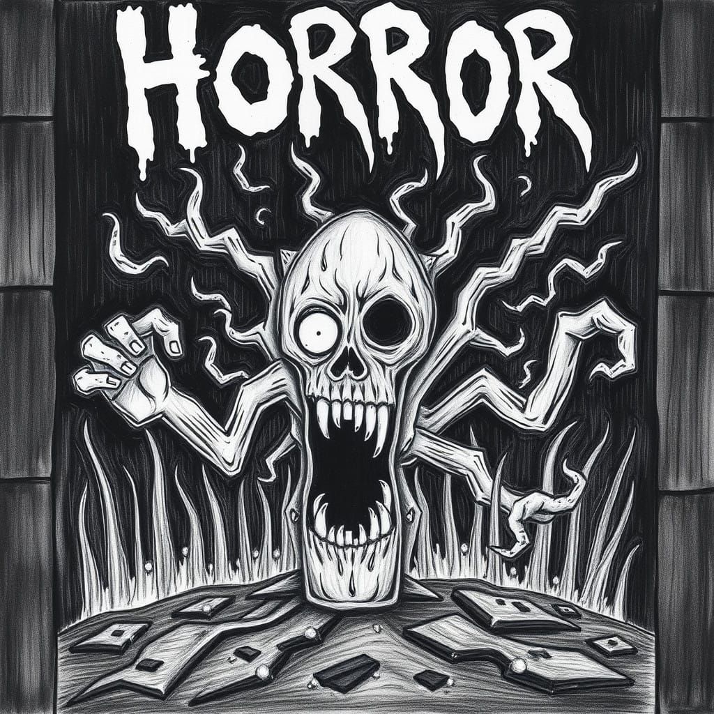 Vibrant Pop Art Horror Scene in Charcoal