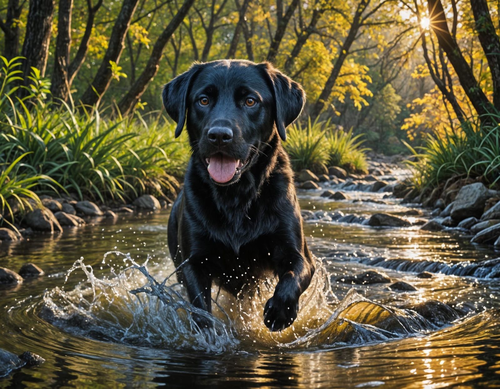 Black Labrador Retriever Playing in Stream