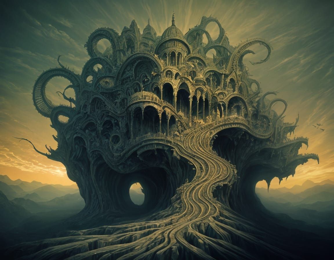 Surreal Landscape Inspired by Escher, Beksinski, and Giger