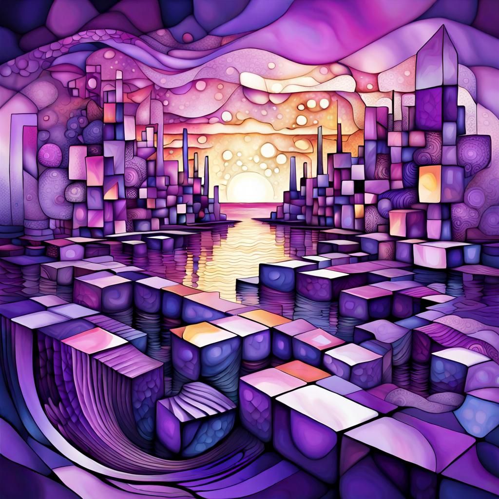 Vibrant Cubist Dreamscape with Geometric Docks and Violet Su...