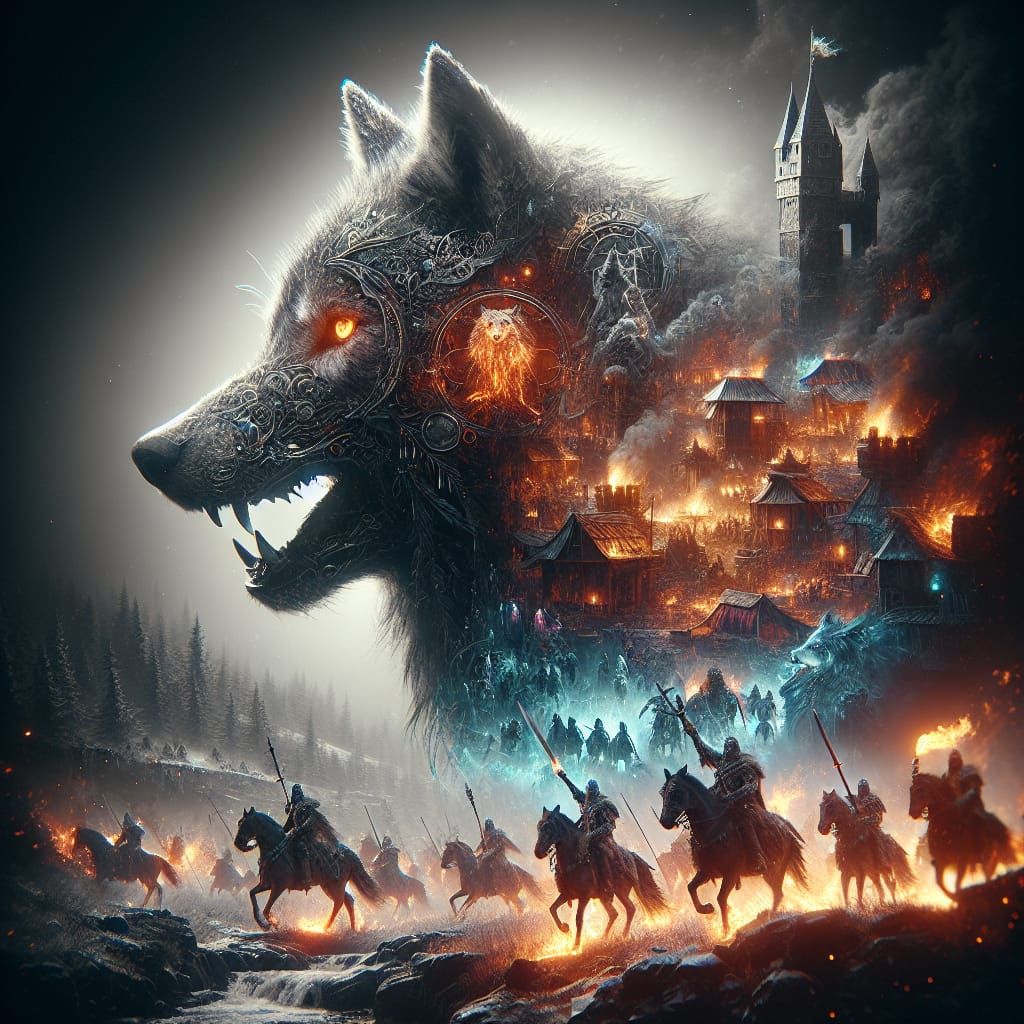 Wolf Howling with Horsemen in Dark Fantasy Art