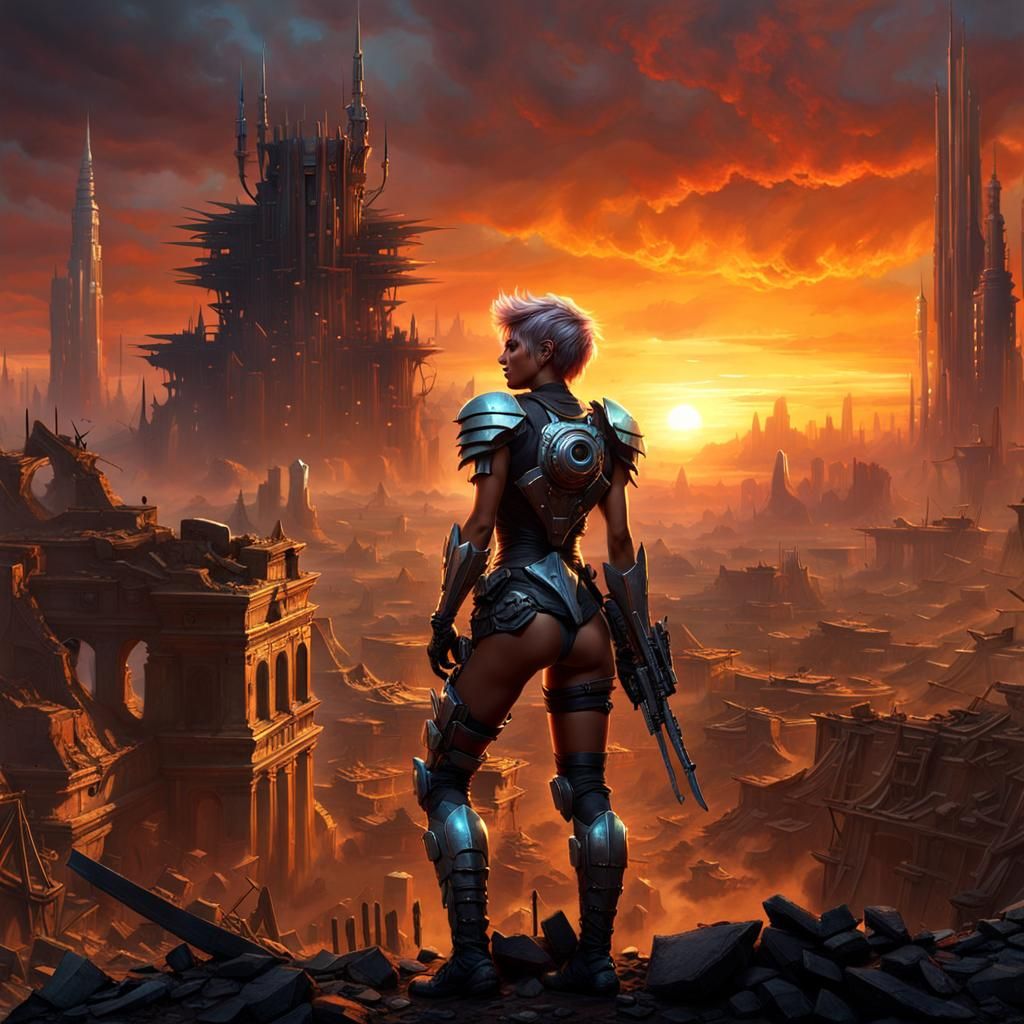 Post-Apocalyptic Sunset with Cyborg Girl, Detailed Matte Pai...