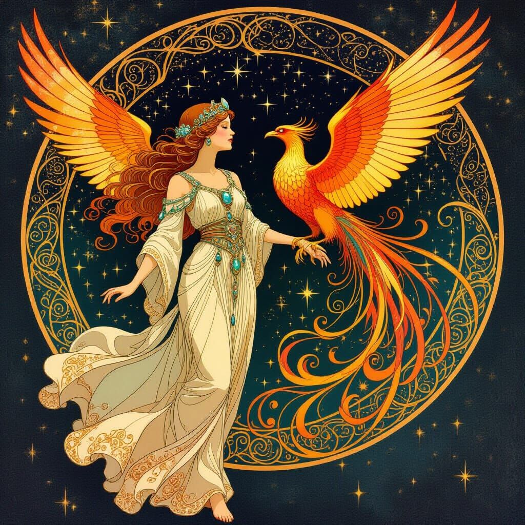 Jugendstil Girl and Cosmic Phoenix in Nebula