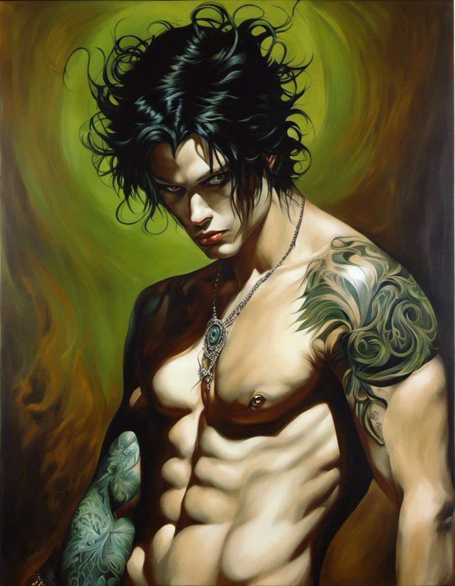 Gothic Emo Man with Tattoos in Acrylic Style