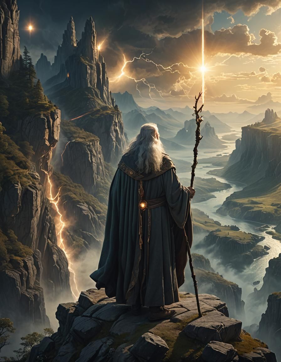 Mystical Wizard at Cliff Edge in Fantasy Realm