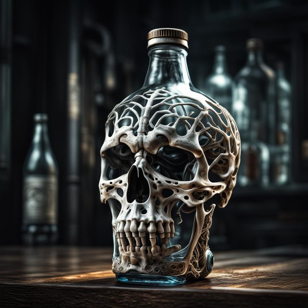Soda Bottle Held by Skeleton Hands in HDR
