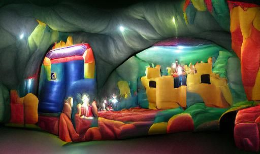 Bright Inflatable Bouncy Castle Inside a Cave