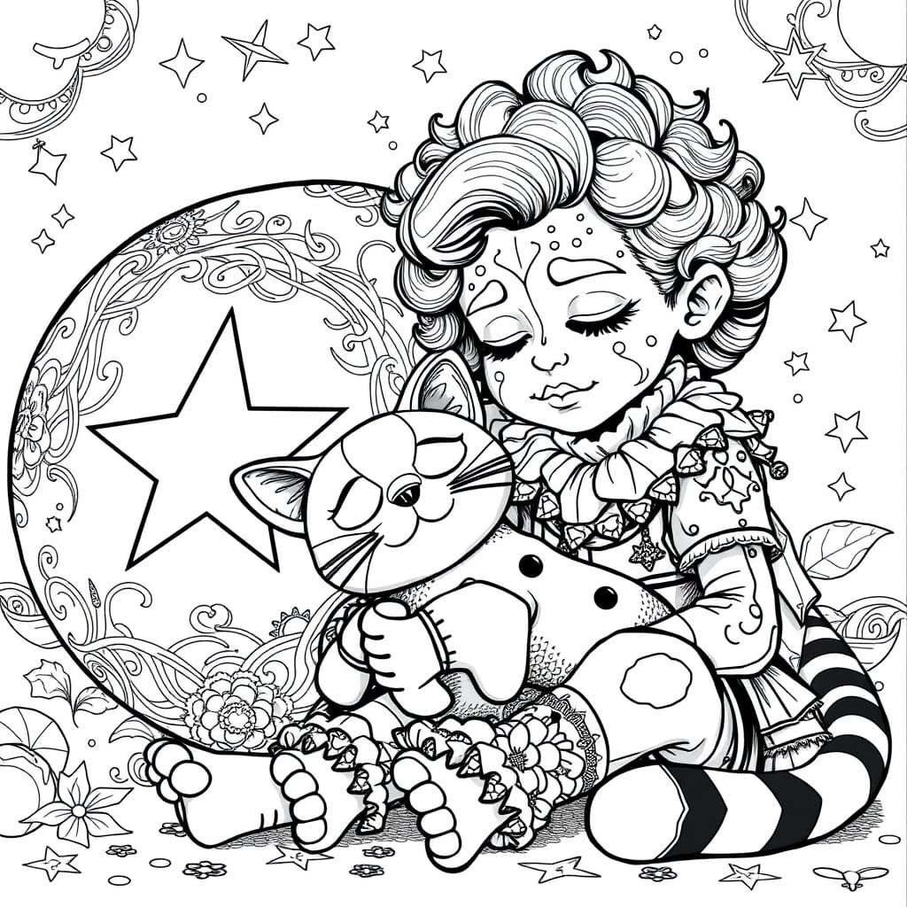Whimsical Harlequin Child in Fantasy Attire Asleep with Star...