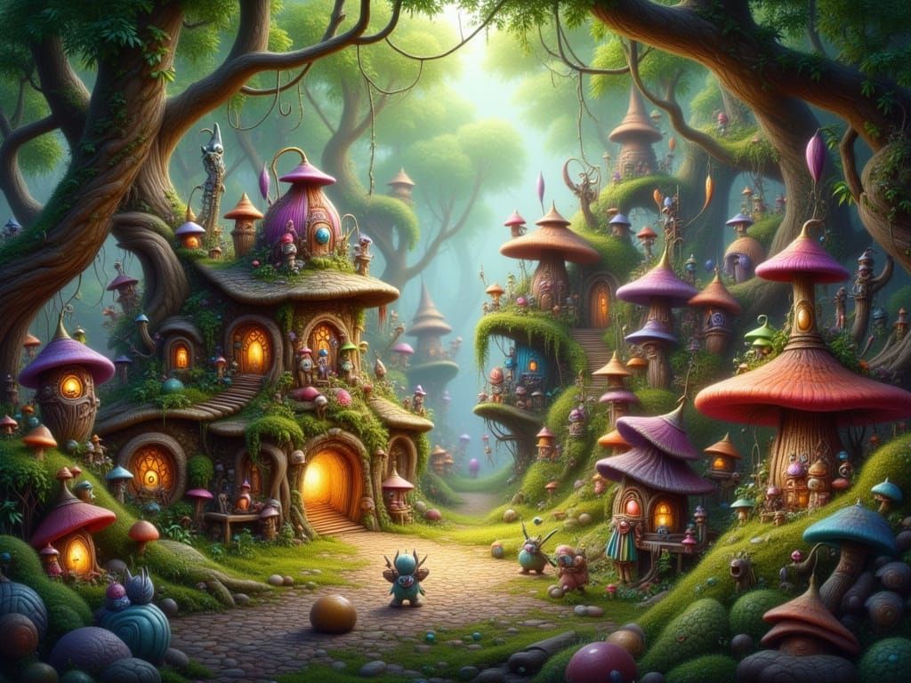 Trolls Playing in Whimsical Village: Hyperrealistic Art