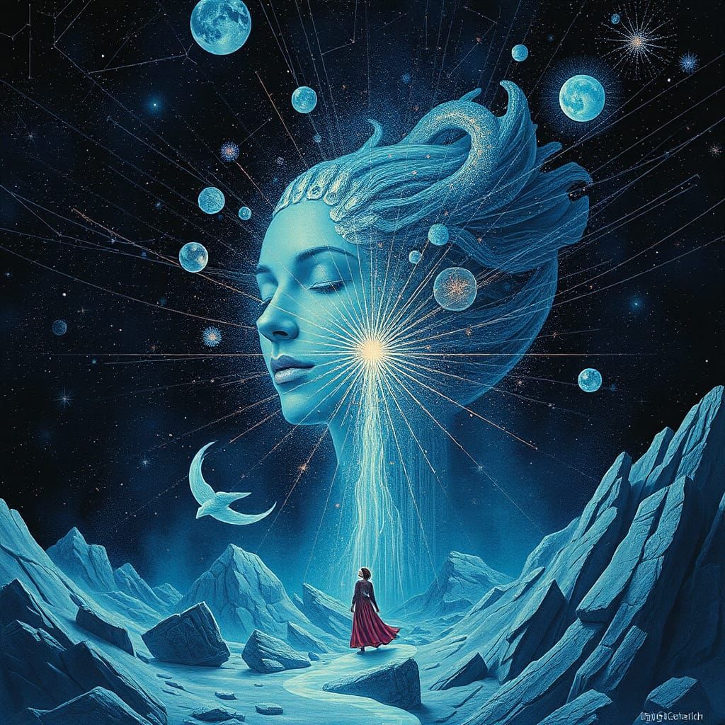 Surrealist Glitch Art Constellation in Indigo