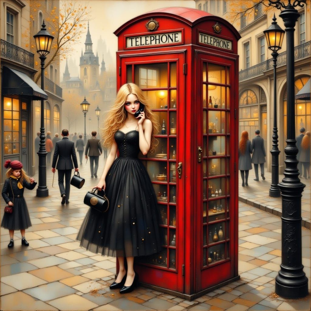 Girl in Phone Booth in Lowbrow Art Style