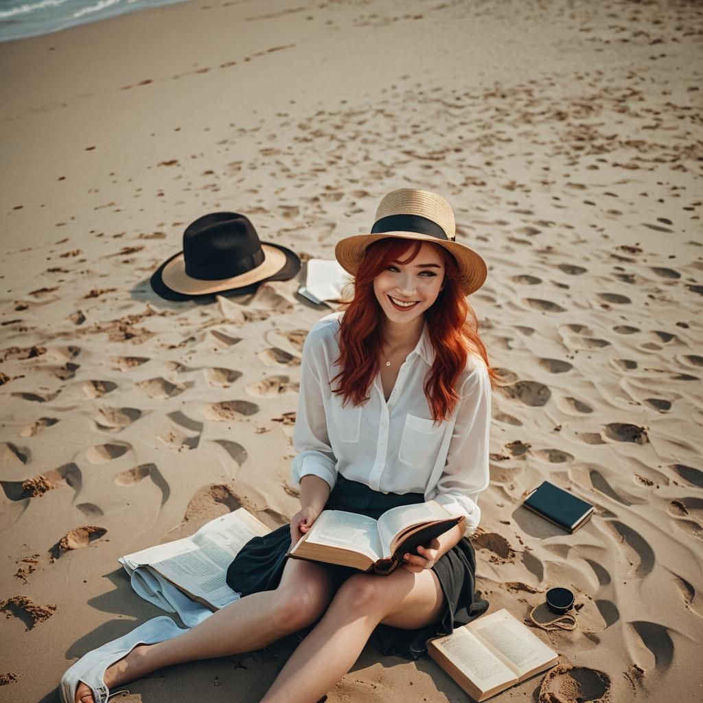 Woman Reading on Beach: Cinematic Film Still