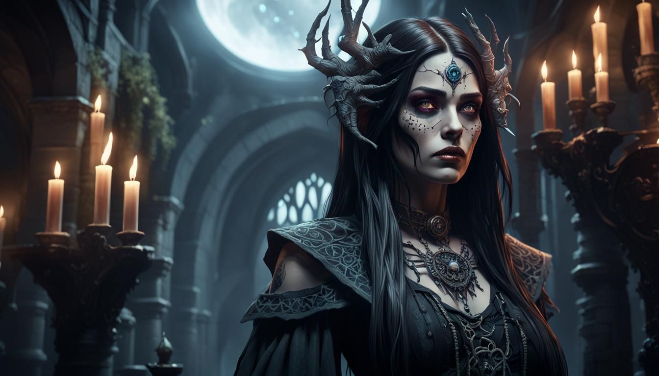 Mysterious Brunette Necromancer in Art Nouveau Style