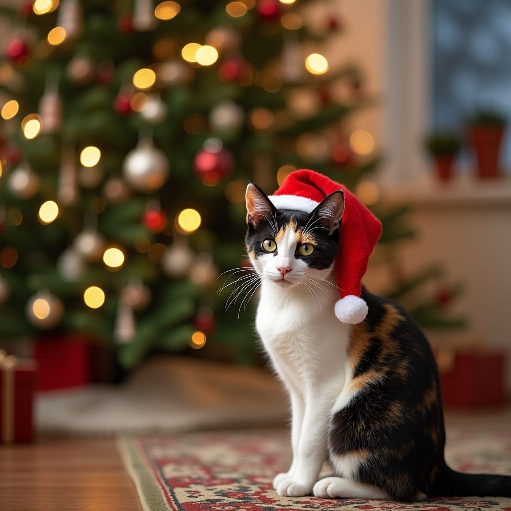 Cozy Christmas Scene with Adorable Calico Cat