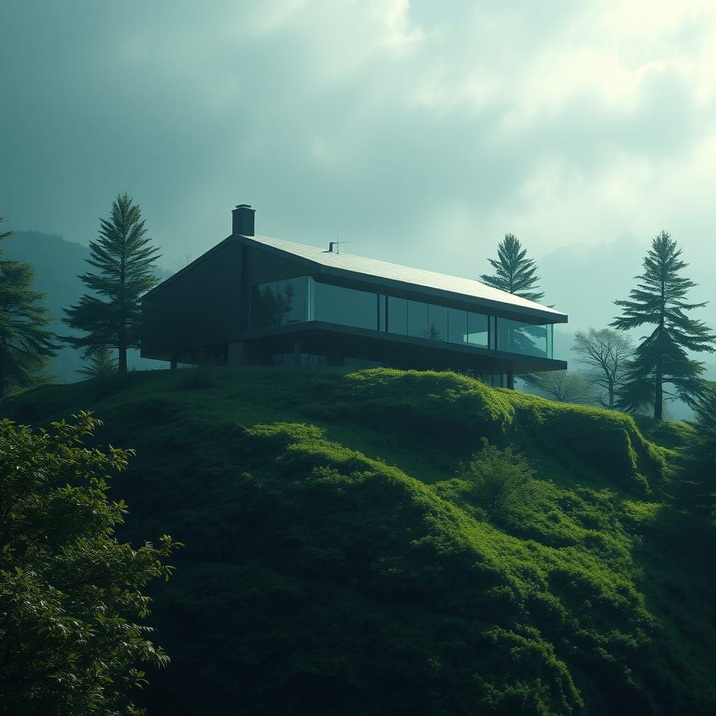 Modern Hilltop Mansion in Dark Cinematic Style