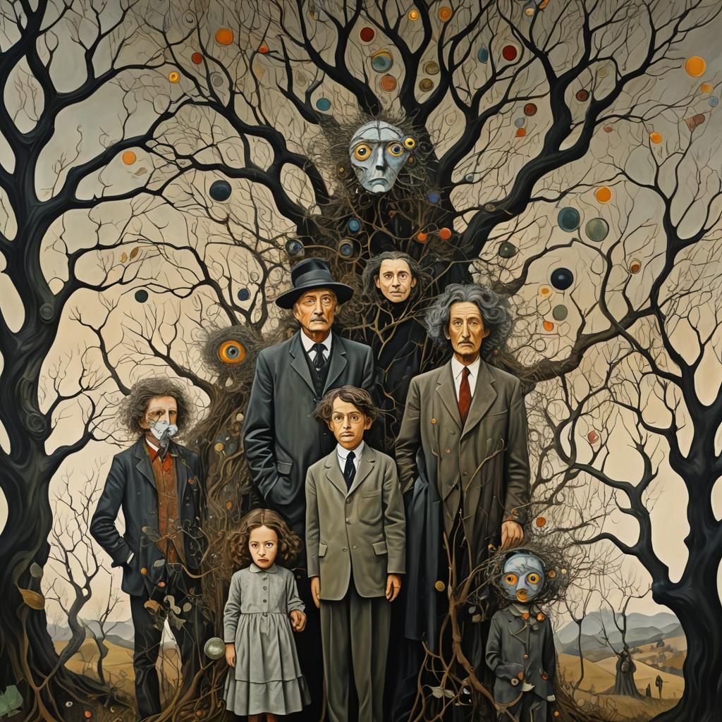 Surreal Family in Barren Field, Klimt-Inspired Oil Painting