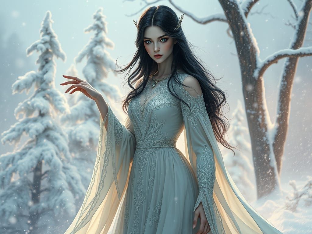 Ethereal Dryad Queen Amidst Frosty Winter Kingdom
