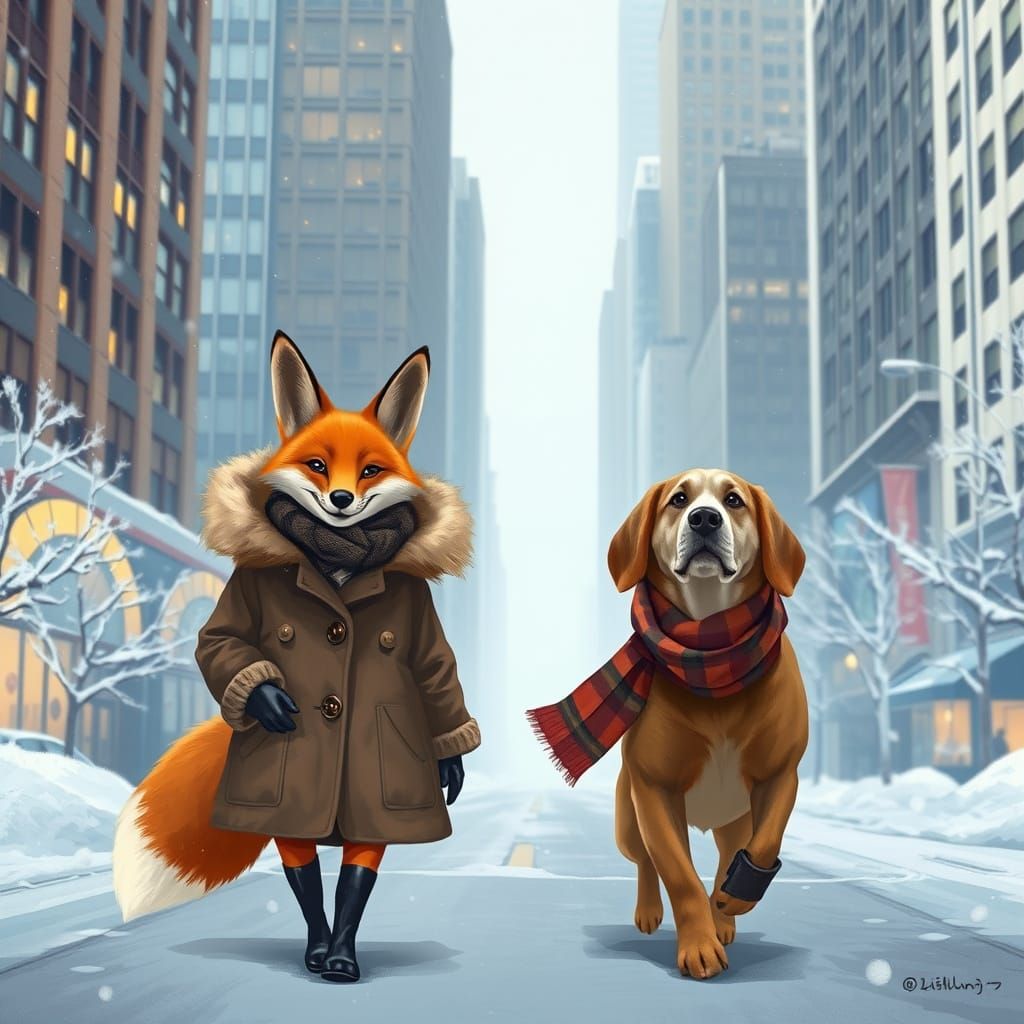 Fox and Hound Stroll Through Snowy Chicago