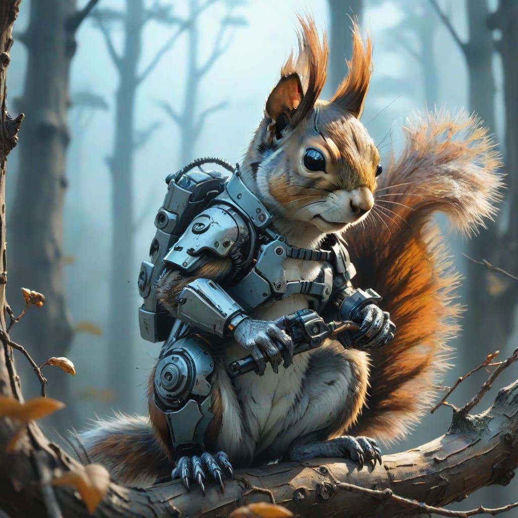 Cyborg Squirrel in Sumi-e Ink Painting Style