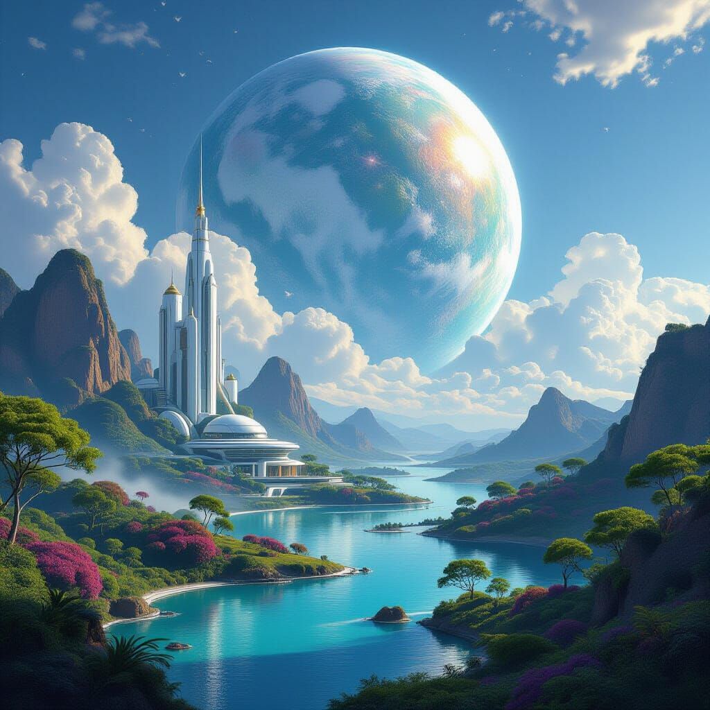 Terraformed Celestial Body with Lush Nature and Sci-Fi Archi...