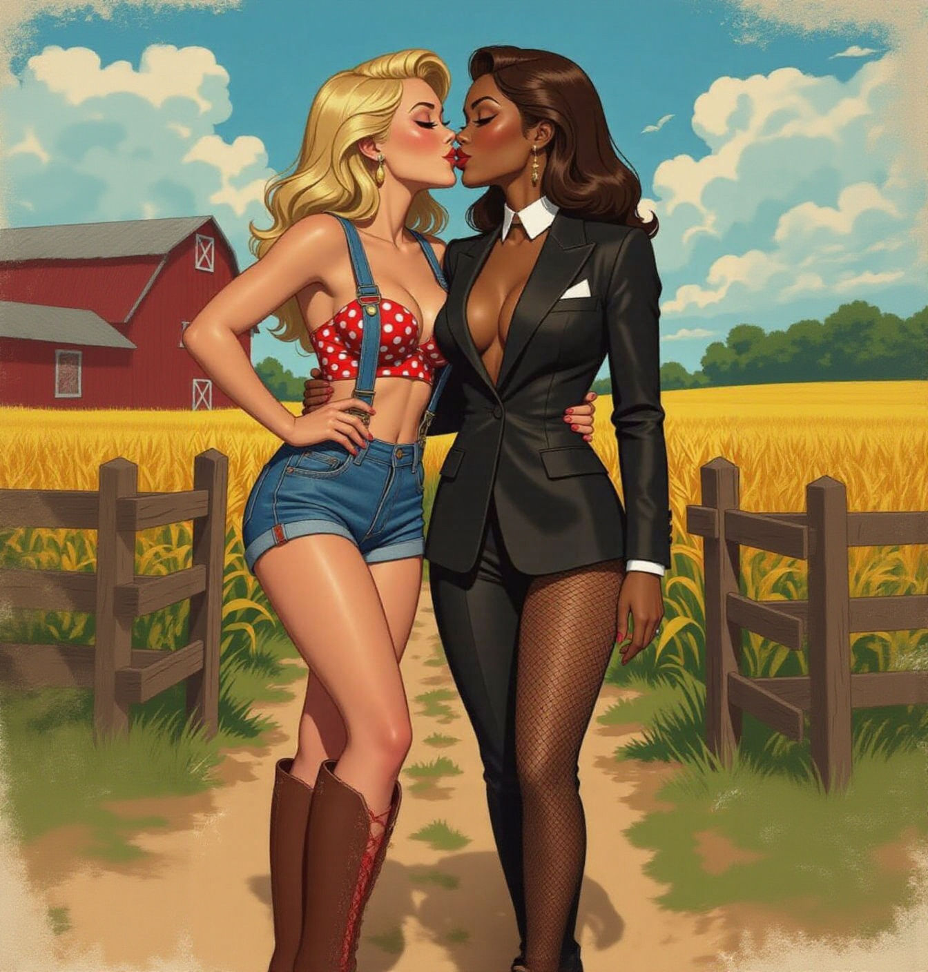 Farmer Woman Kisses Woman in Tuxedo in Comic Style