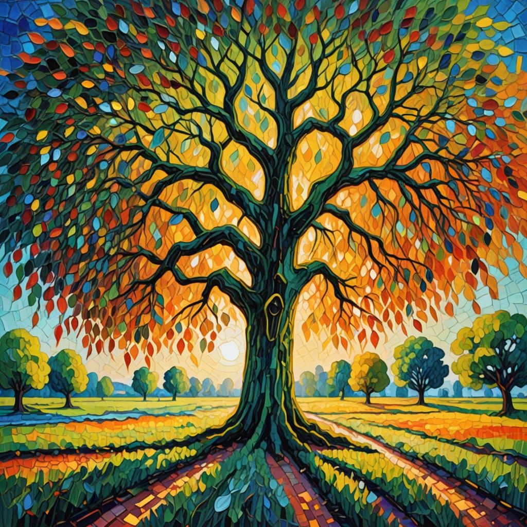 Luminous Weeping Willow in Impressionist Village