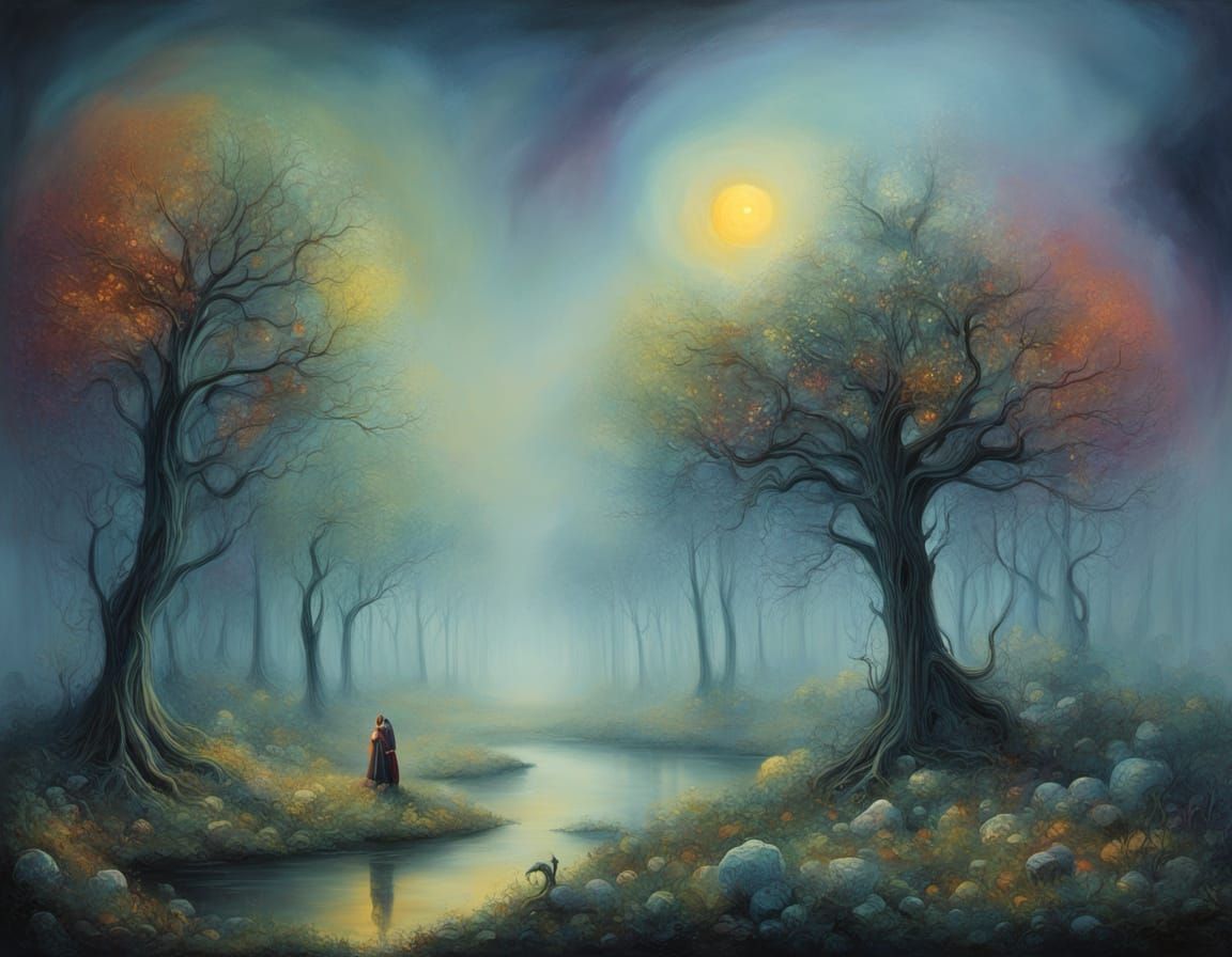 Surreal Cello in Misty Woodland at Dawn