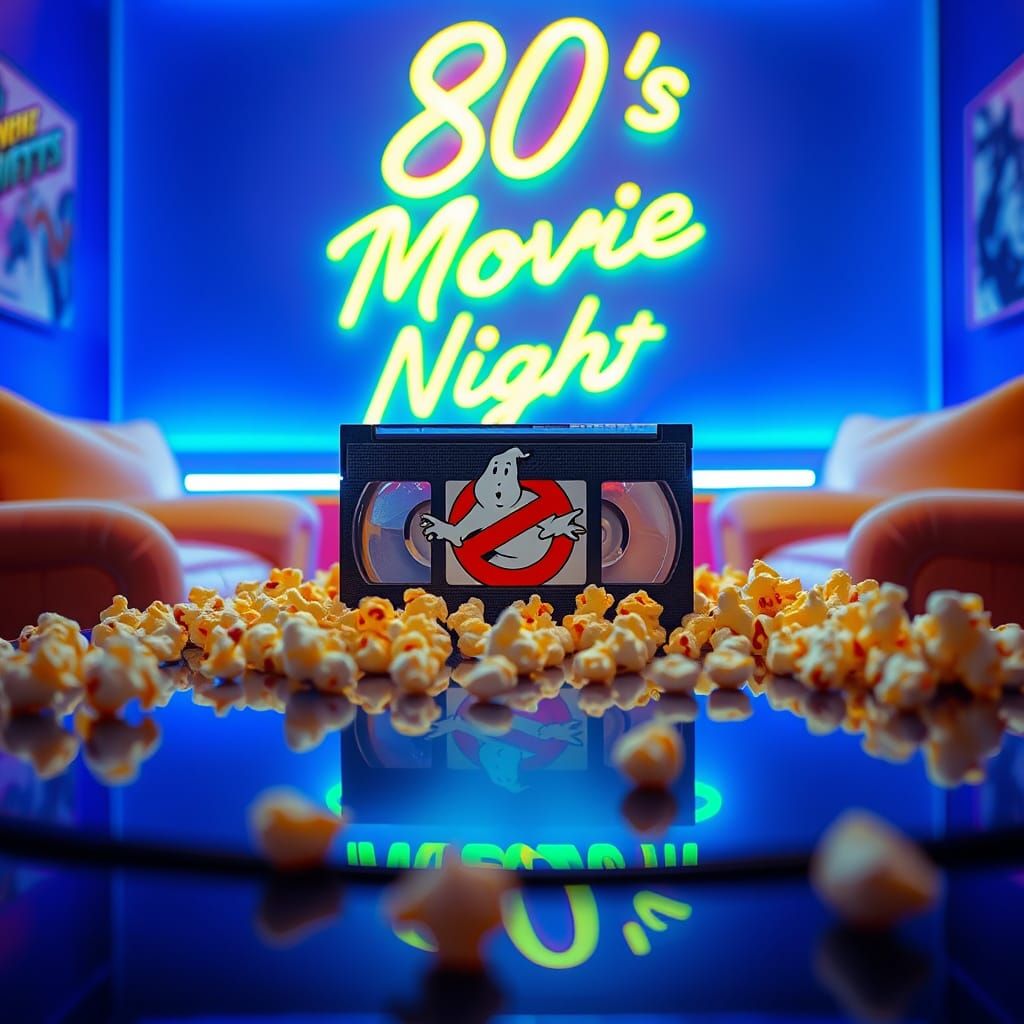 Retro-Futuristic VHS Movie Night Scene in Neon Hues