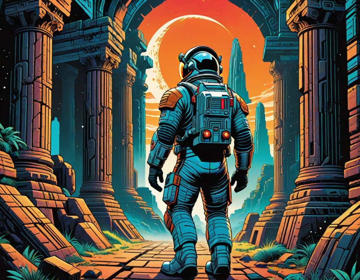 Astronaut Explores Ancient Ruins in Retro Comic Style