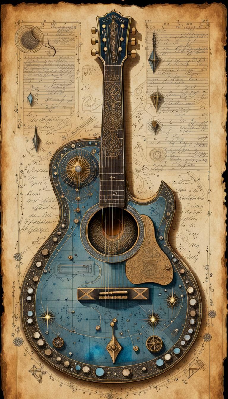 Antique Guitar Schematic Illustration on Parchment