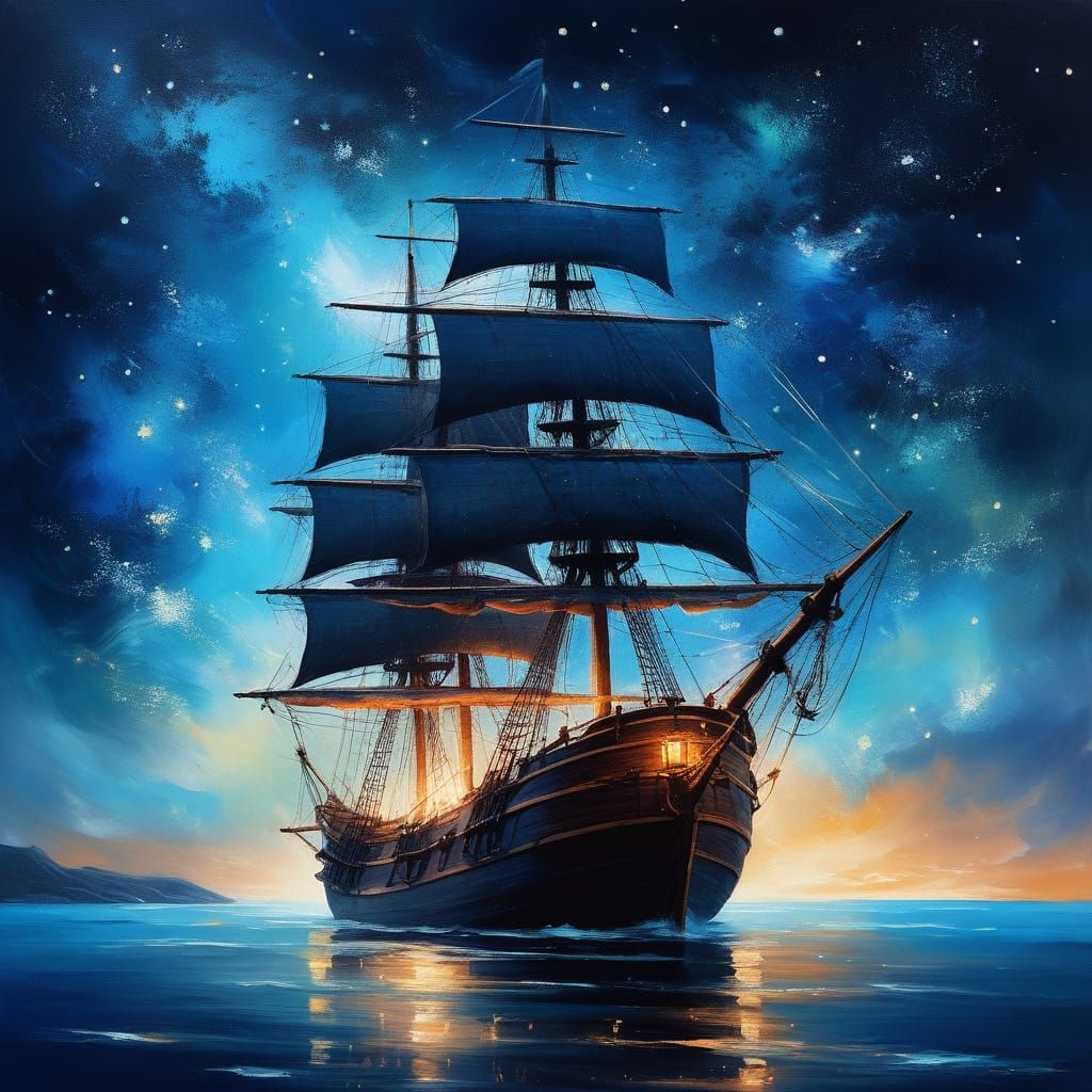 Majestic Sailing Ship Under Celestial Starry Night