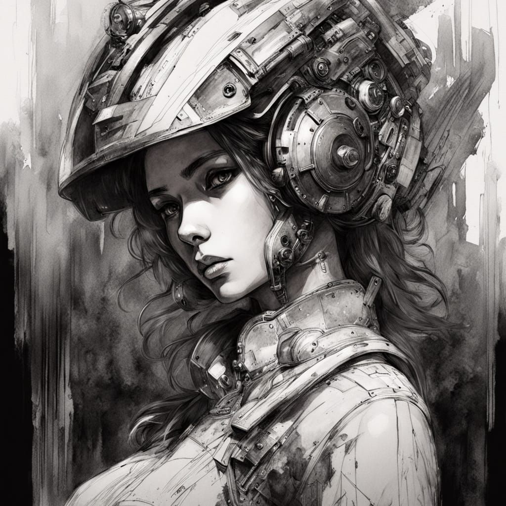 Cyberpunk Cyborg Portrait in Black and White Anime Style