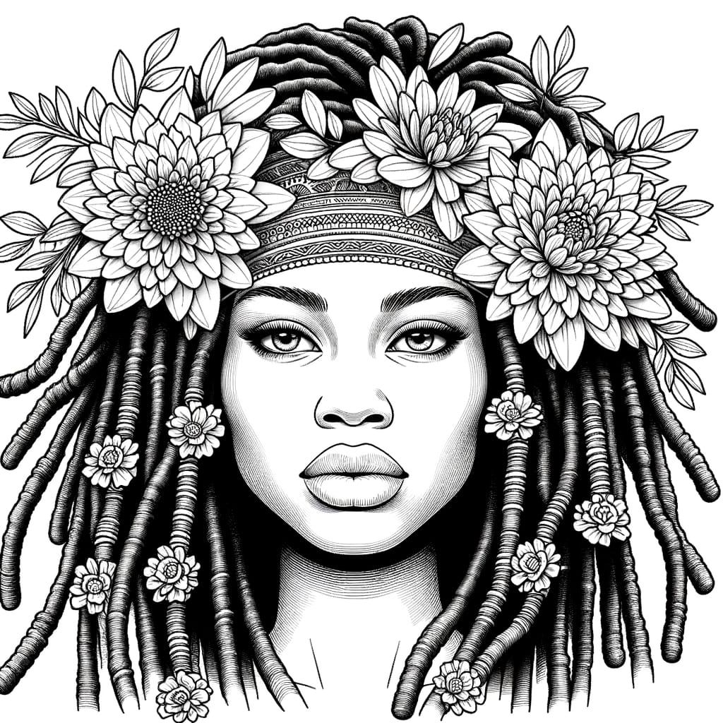Line Art Coloring Page: Woman with Dreads and Flower Headban...