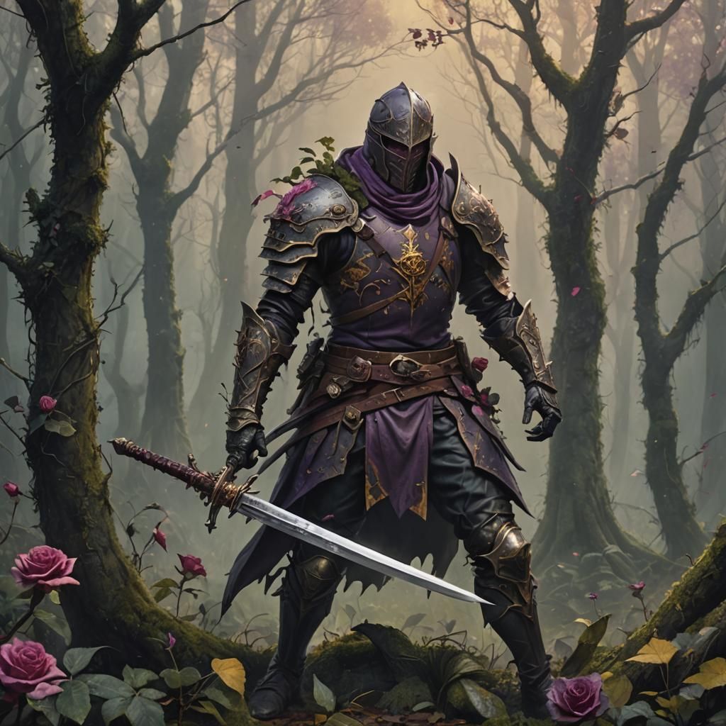 Rotting Swordsman in Misty Forest, Dark Fantasy Art