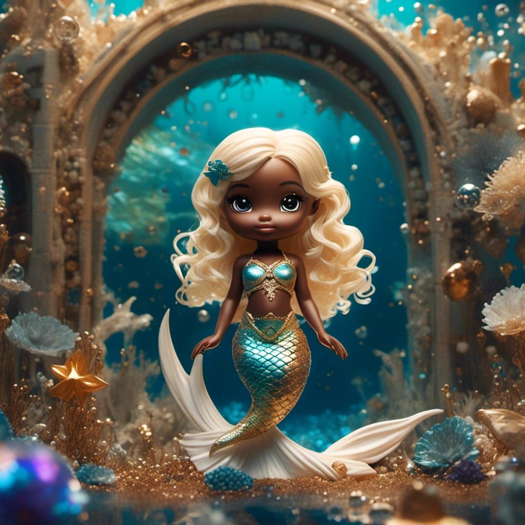 Realistic Blonde Chibi Mermaid with Filigree